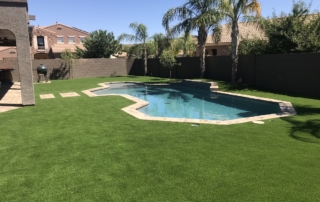Freeform pool set in an artificial-turf backyard with palm trees