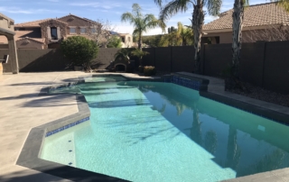 Long freeform pool with a new interior finish and tile trim beside palm trees
