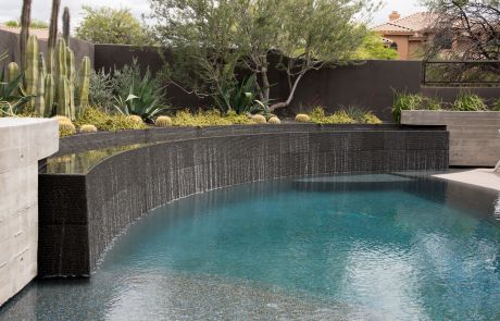 Modern pool with a curved dark-tile water wall and desert plants