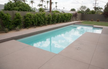 Rectangular pool with concrete decking and a tall hedge